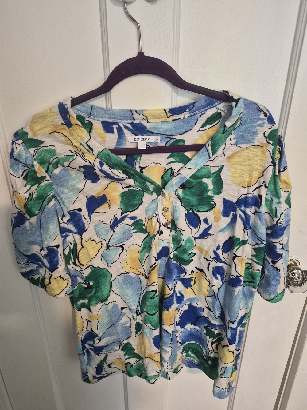 Chico's Floral Henley Blouse in Green, Blue & Yellow